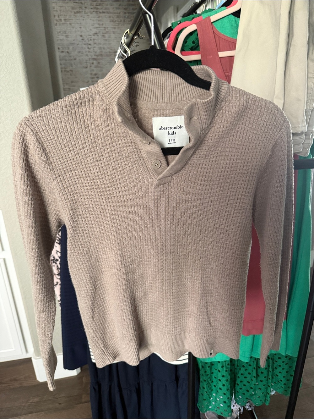 abercrombie kids light taupe waffle-knit button mock neck sweater
